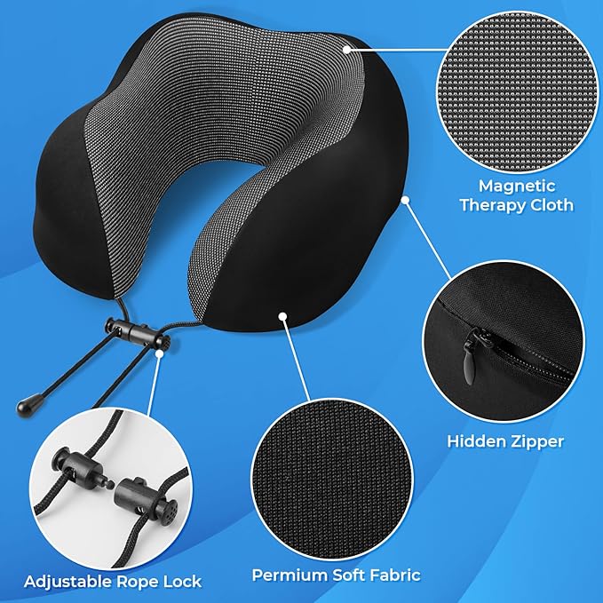 Travel Pillow, Travel Pillows for Sleeping Airplane, Neck Pillow Airplane, Memory Foam Neck Pillow Set with Eye Mask, Earplugs and Storage Bag -Black