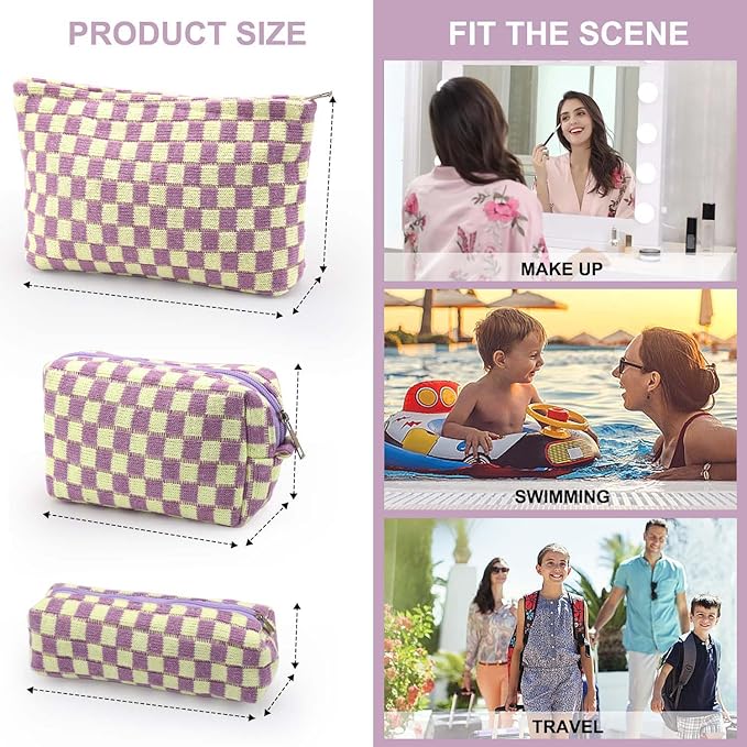 EIMMBD Makeup Bags 3 Pieces Large Capacity Checkered Cosmetic Bag Travel Toiletry Organizer Cute Makeup Pouch Storage for Women(Purple)