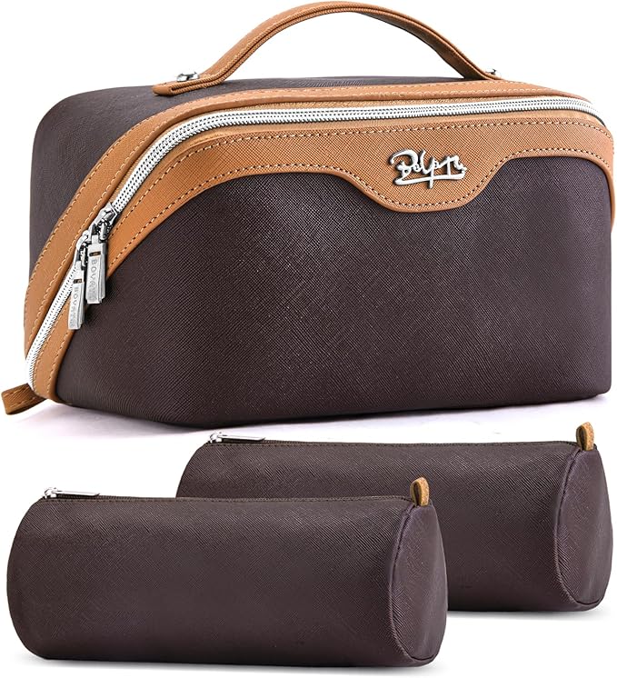 BOYATU Travel Makeup Bag Organizer Cosmetic Bag: 3 Pcs Set Make up Bags for Women with Handle - Waterproof Vegan Leather Toiletry Bags Travel Essentials Pouch with Compartments (A-03-Brown)