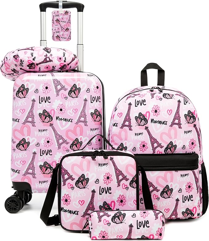 Kid's Luggage Set 5 Piece Suitcase Set 16" Hardside Luggage with Spinner Wheels Girls Carry on Toddler Travel Rolling Suitcase with Neck Pillow Airline Approved