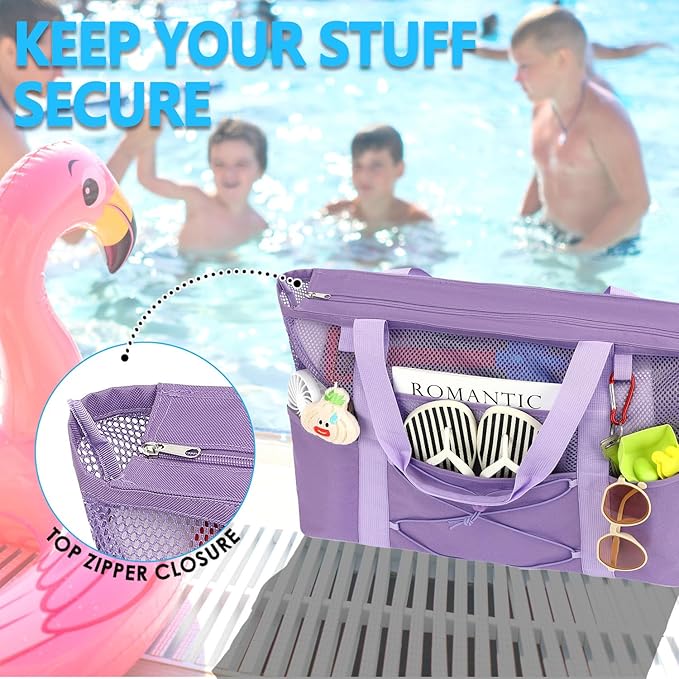 Fammart Mesh Beach Bag, Large Beach Tote with Zipper Pocket, Toys Pool Bag for Family Travel Vacation Cruise Essentials