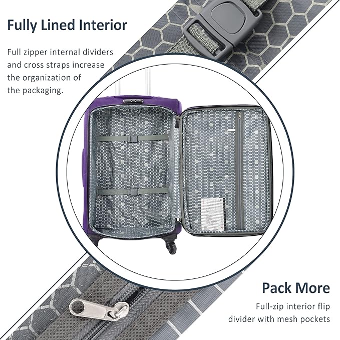 3 Piece Softshell Expandable Luggage Sets, Lightweight Travel Suitcase Set with TSA Lock and 360°Swivel Spinner Wheels, Durable Softside Luggage for Men Women, 22 in/26 in/30 in, Purple