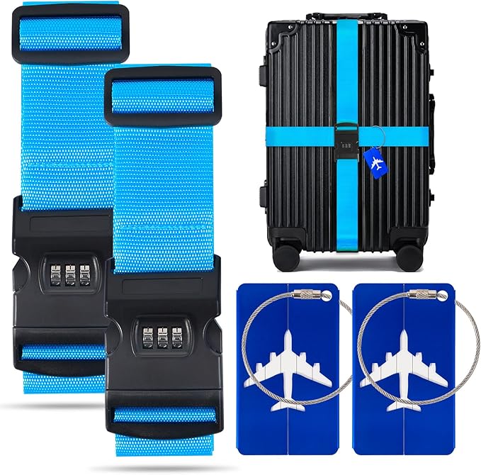 BILIONE 2 Pack Luggage Straps for Suitcases with Password Lock & Metal Airplane Tags, Adjustable Suitcase Belt & Travel Belt, Luggage Connector Straps to Connect Two Bags 20-34 Inch (Blue)