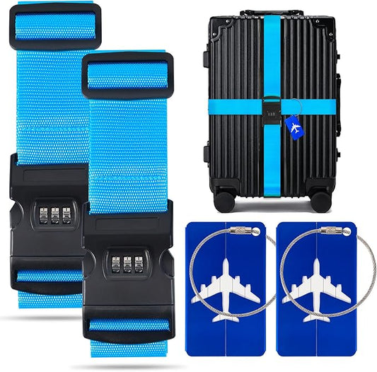 BILIONE 2 Pack Luggage Straps for Suitcases with Password Lock & Metal Airplane Tags, Adjustable Suitcase Belt & Travel Belt, Luggage Connector Straps to Connect Two Bags 20-34 Inch (Blue)