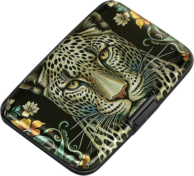 ELFISH Mini RFID Aluminum Wallet Credit Cards Holder Business Card Case Metal ID Case for Men Women(Black Leopard)