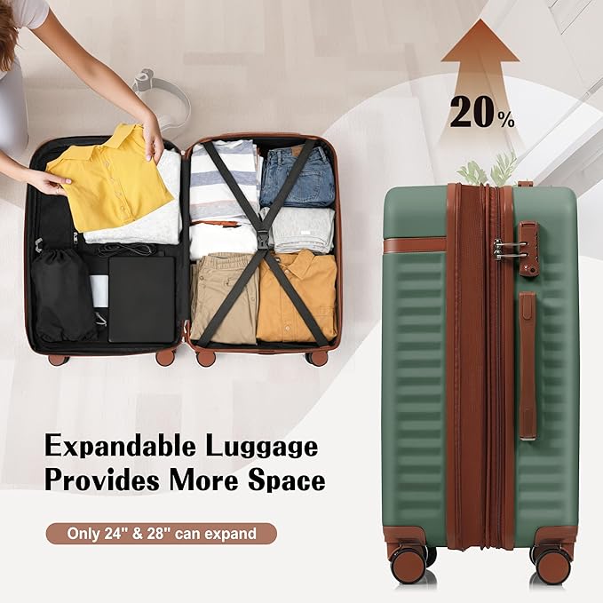 Hardshell Luggage, Lightweight Suitcase with Spinner Wheels, GREEN+USB