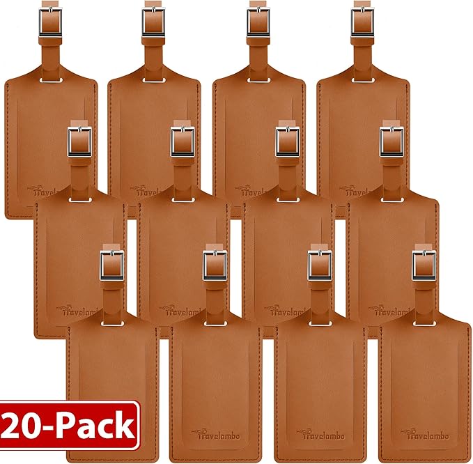 Travelambo 20 Pack Luggage Tags for Suitcases Privacy Protection Bag Tags Faux Leather Travel Accessories Essential, Yellowish Brown