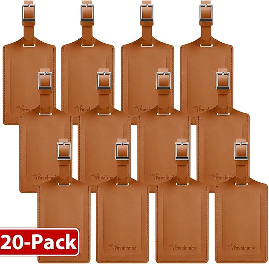 Travelambo 20 Pack Luggage Tags for Suitcases Privacy Protection Bag Tags Faux Leather Travel Accessories Essential, Yellowish Brown