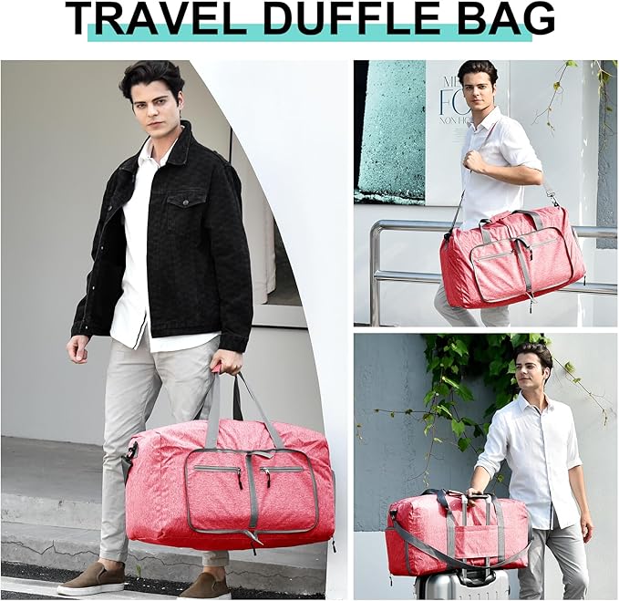 Dimayar 65L Travel Duffle Bag for Men Women - Foldable Duffel Bag with Shoes Compartment - Overnight Bags Waterproof & Tear Resistant(Pink)