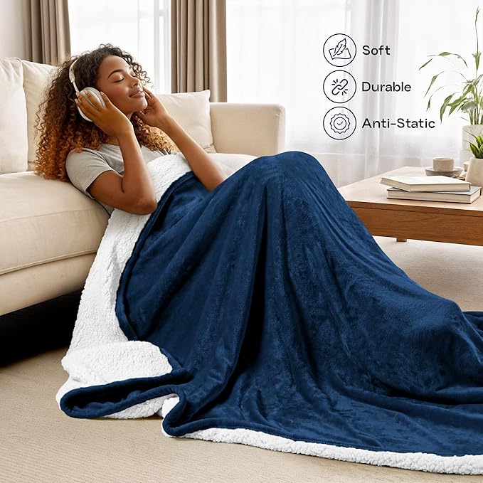 Utopia Bedding Sherpa Blanket Twin Size (Navy, 60x80 Inches) - Soft Lightweight Plush Fleece Reversible Winter Blanket for Bed, Sofa, Couch, Camping and Travel