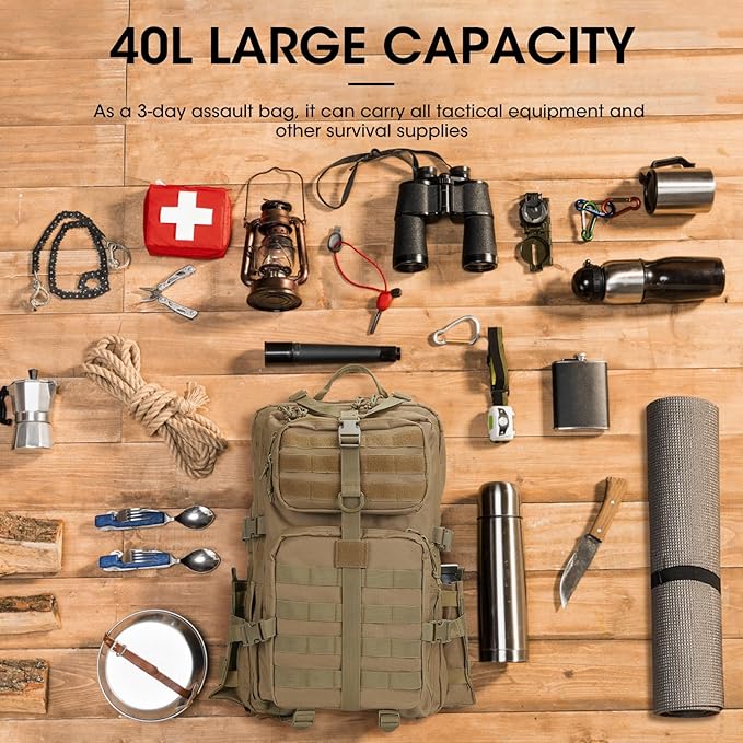 REEWBOW GEAR 40L Military Tactical Backpack For Men 3 Day Survival Heavy Duty Daypack MOLLE Bug Out Bag Hiking Rucksack (Tan with Bottle Holder)