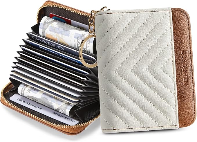 BOSTANTEN Credit Card Holder Wallet RFID Blocking Leather Small Wallet for Women Zipper Keychain Wallet with Wristlet Beige＆Brown