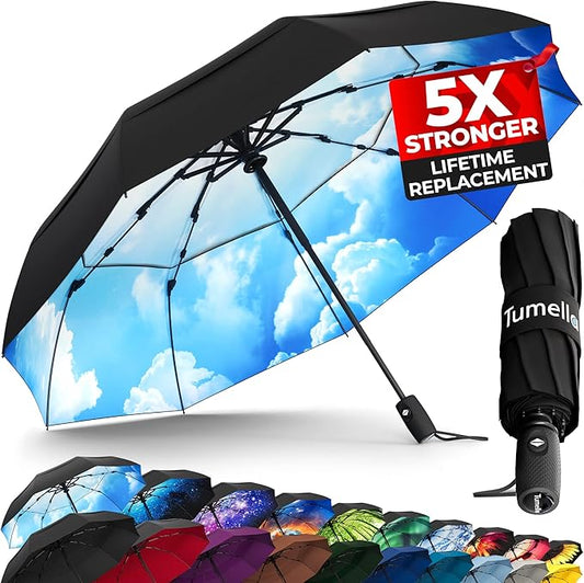 TUMELLA Strongest Windproof Travel Umbrella (Compact, Superior & Beautiful), Small, Wind-Tested, Light & Portable, Automatic Folding Rain Umbrella, Durable Premium Grip, Fits Car and Backpack