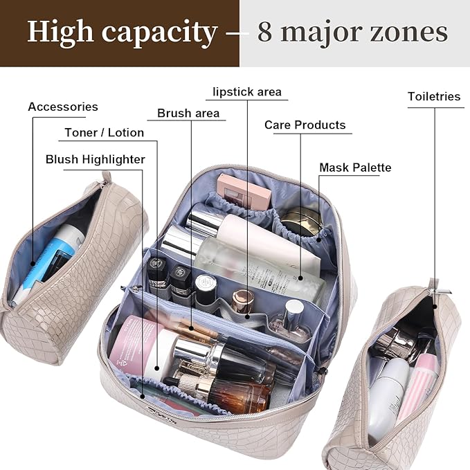 BOYATU Travel Makeup Bag Cosmetic Bags for Women: 3 Pcs Set Large Capacity Make up Bag with Handle - Crocodile Pattern Vegan Leather Toiletry Bags Travel Essentials with Compartments(E-5-Apricot)
