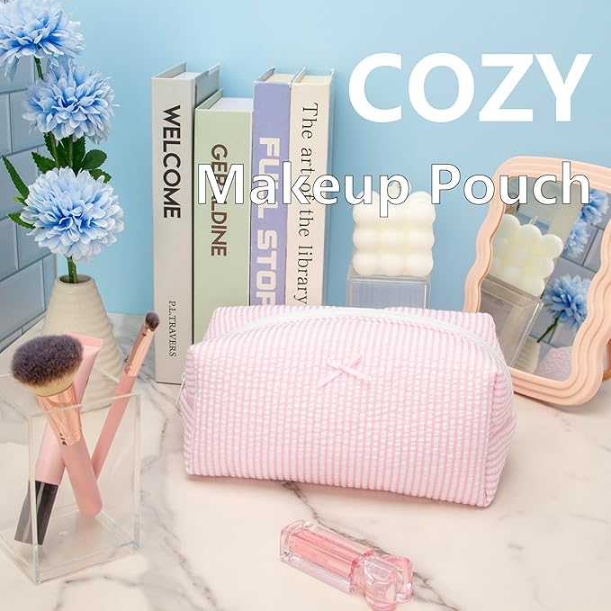 PAZIMIIK 2PCS Cozy Makeup Bag Travel Cosmetic Bag for Women Soft Toiletry Bag Aesthetic Makeup Organizer Portable Large Zipper Pouch for Skincare Beauty Accessories Brushes Stripe Pink
