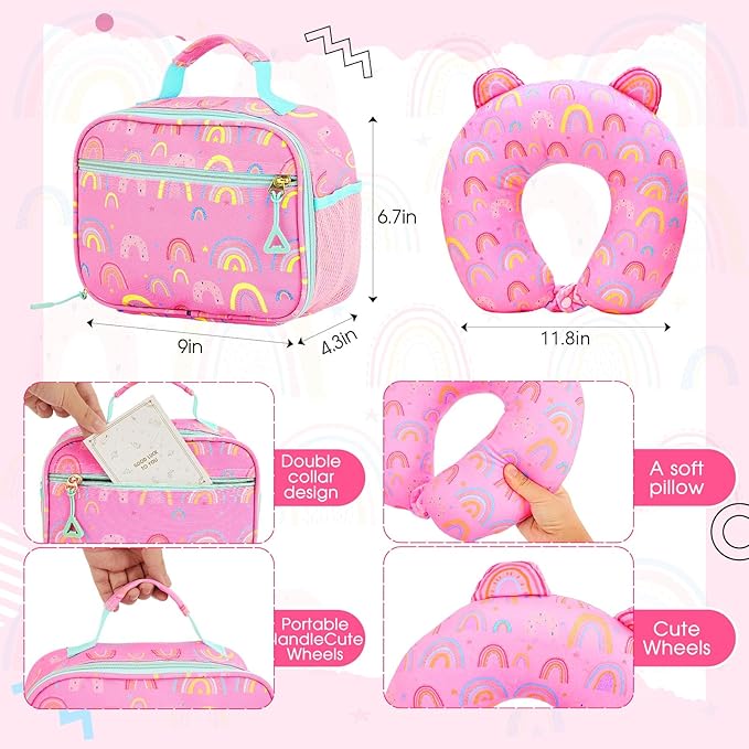 Redbaker 17 Inch 6 Pcs Kids Luggage Set Kids Rolling Luggage Double Pattern Suitcase for Boys Girls (Dusty Pink, Rainbow Style)