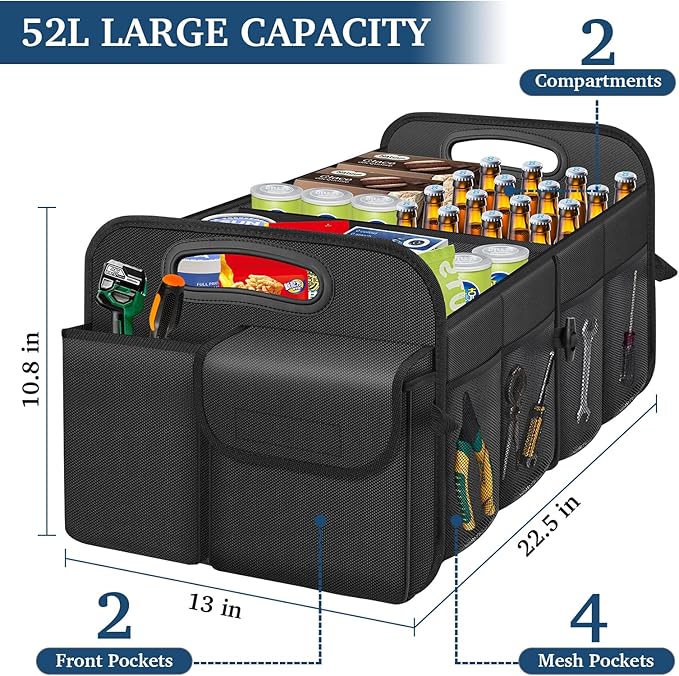 Femuar Car Trunk Organizer with Large Capacity Waterproof Car Accessories for Women & Men, Collapsible Trunk Organizer for Suv/Jeep/Sedan (Black, Standard)