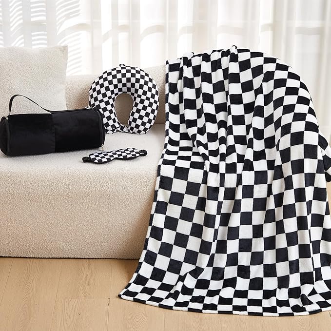 5 Pcs Travel Pillow and Blanket Set, 5 in 1 Travel Airplane Compact Includes 40 x 60 Inch Throw Blanket Eye Mask Neck Pillow Earplug and Bag Gifts for Travelers Women(Checkered,Black)