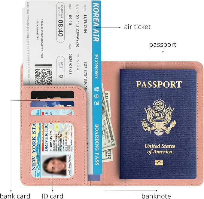 Passport Holder for Travel Essentials,RFID Blocking Passport Cover Wallet Card Case for Women and Men (Light Pink)