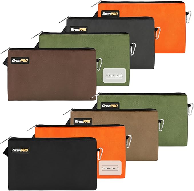 GRENPRO 8 Pack Canvas Tool Bag Zipper Tool Pouch, 12" Tools Utility Pouches Heavy Duty, Multipurpose Storage Organizer Bags with Dependable Metal Zippers