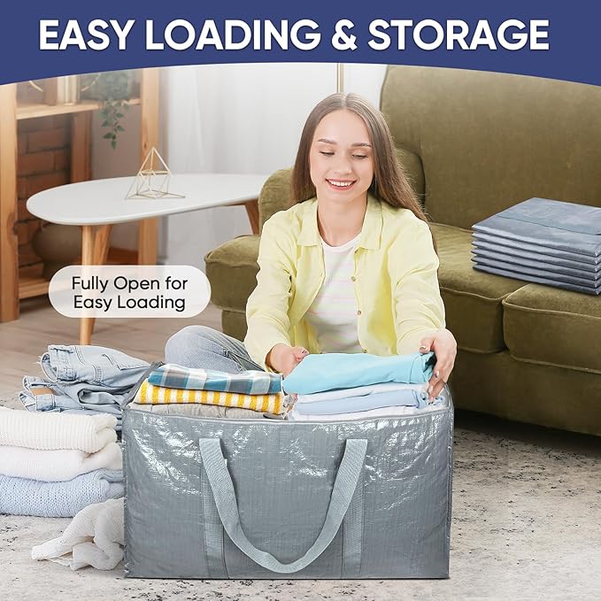 TICONN 4 Pack Extra Large Moving Bags Heavy Duty with Zippers & Carrying Handles, Durable Storage Bags Moving Boxes for Closet Organizers and Storage (4 Pack, Light Grey)