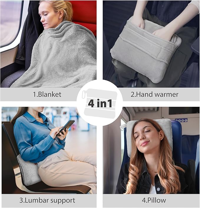 DEZ FURNISHINGS 4-in-1 Travel Compact Blanket Pillow Super Soft Velvet with Luggage Sleeve and Backpack Clip, Gray, 60" x 45"