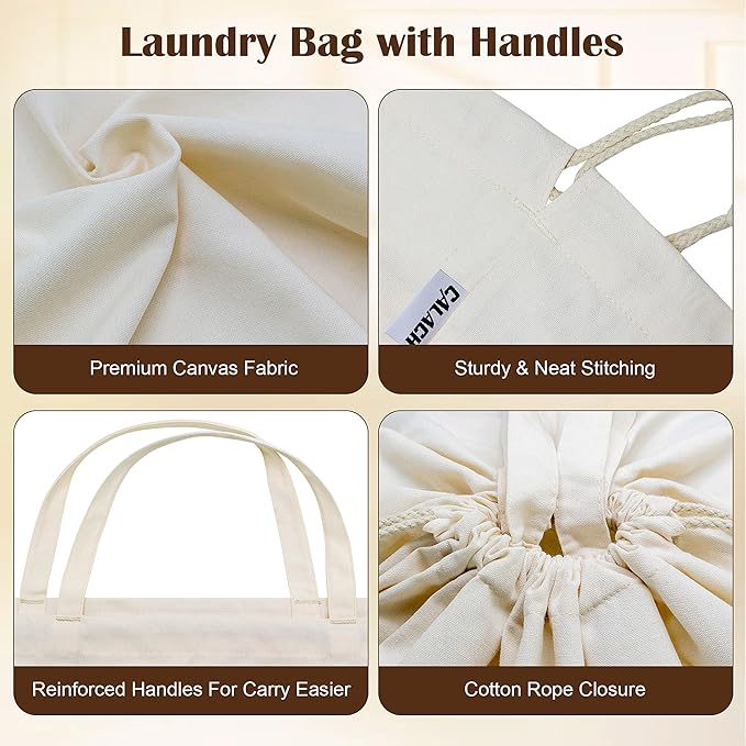 Canvas Laundry Bags with Handles & Square Base 13.8"Lx13.8"Wx27.6"H, Large Heavy Duty Laundry Hamper Bag, College Dorm Washable Drawstring Canvas Dirty Clothes Sack (Beige,1 Pack)
