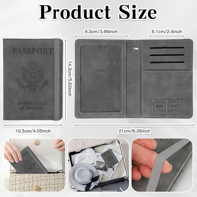 Passport Holder for Travel, RFID Blocking Passport Cover with Pen Holder Leather Passport Wallet Case Travel Must Haves Accessories Passport Book Card Holder for Family Travel Essentials Gifts, Gray