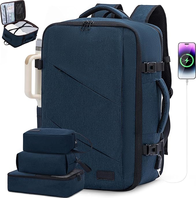 LOVEVOOK Travel Backpack, 40L Extra Large Carry on Backpack, Peersonal Item Bag Flight Approved, Anti-Theft Water Resistant 17 Inch Weekender Backpack for Men Women, with USB Port, Navy Blue