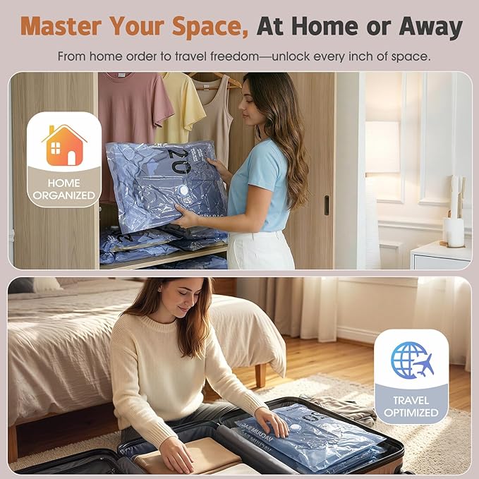 QcoQce Wireless Vacuum Storage Bags with Pump, 12-Pack (2 L/4 M/4 S/2 Bonus),Space Saving Bags for Travel, Moving & Home Organization,Compression Packing Cubes for Suitcase, Closet & Cruise Must Haves