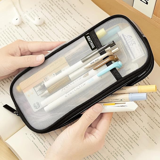 EASTHILL Grid Mesh Pen Pencil Case with Zipper Clear Makeup Color Pouch Cosmetics Bag Multi-Purpose Travel School Teen Girls and Boys Transparent Stationary Bag Office Organizer Box for Adluts(White