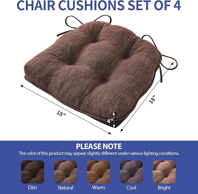 Chair Cushions for Dining Chairs Set of 4, Kitchen Chair Cushions, Chair Pads with Ties and Non Slip Backing, Tufted Memory Foam Seat Cushion 4 Pack, 18" x 18" x 4", Brown