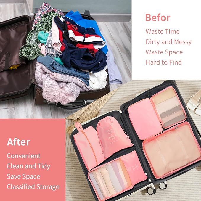 7PCS Packing Cubes for Suitcases, Travel Luggage Organizer Bags, Suitcase Organizer Bags Set for Carry on Luggage Travel Essentials, Pink