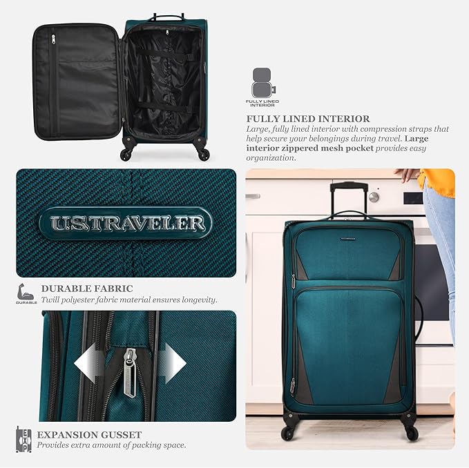 U.S. Traveler Aviron Bay Expandable Softside Luggage with Spinner Wheels, Teal, 2-Piece Set