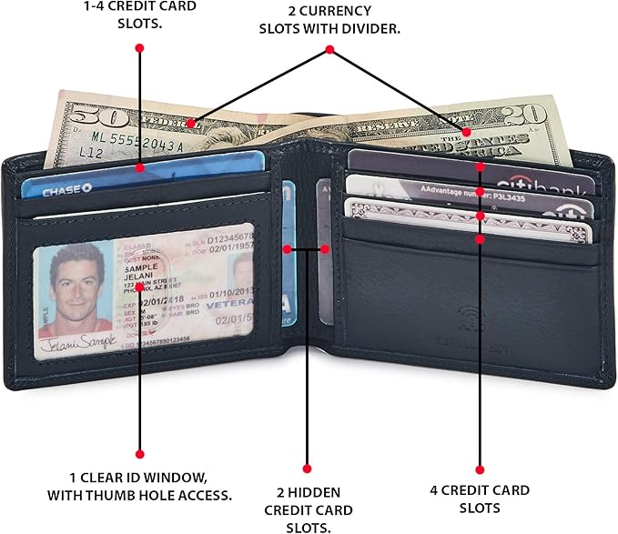 Real Leather Mens Bifold Wallet RFID Blocking Slim Minimalist Front Pocket - Thin & Stylish with ID Window in Gift Box (Nappa, Midnight Navy)