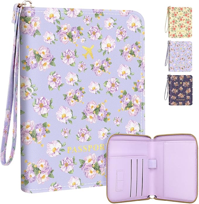 KONVINIT Passport Holder For Travel, RFID Blocking Leather Passport Cover For Travel Accessories, Passport Wallet with Zipper Closure, Cute Passport Book for Women and Men, Purple Flowers