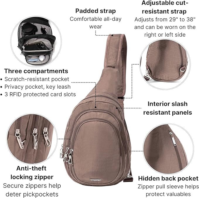 Baggallini Securtex® Anti-Theft Multi Zip Sling - Lightweight 8.6"x15.2" Travel Bag with Locking Zippers & RFID Protection