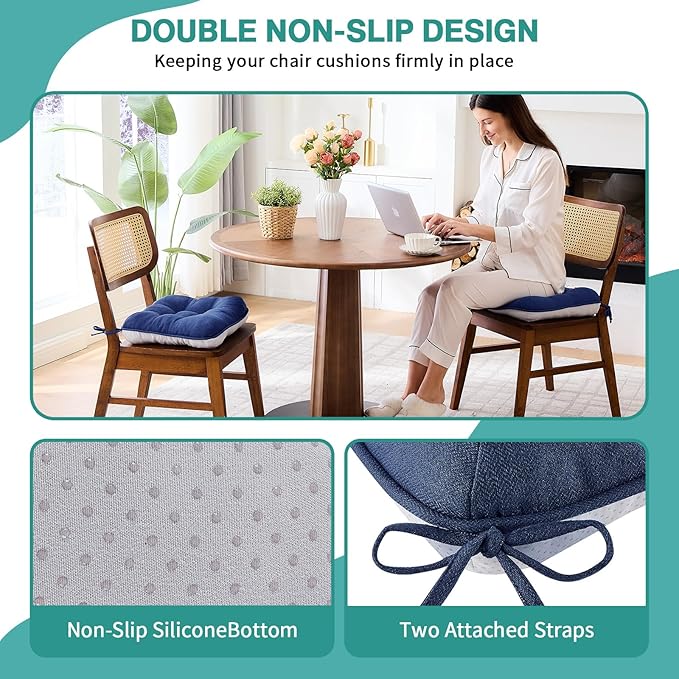 BETU Chair Cushions for Dining Chairs Set of 4,3.5" Thick Outdoor Indoor Chair Pads with Ties,Non Slip Backing and Covers, Seat Cushion for Kitchen Dining,Bar,Patio Furniture,16"X16"X3.5",Navy Blue
