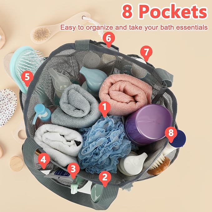 Fammart Mesh Shower Caddy Portable for College Dorm Room Essentials, 8-Pocket Large Shower Basket Tote Bag with 2 Handles for Toiletry, Bathroom, Beach, Camp, Gym