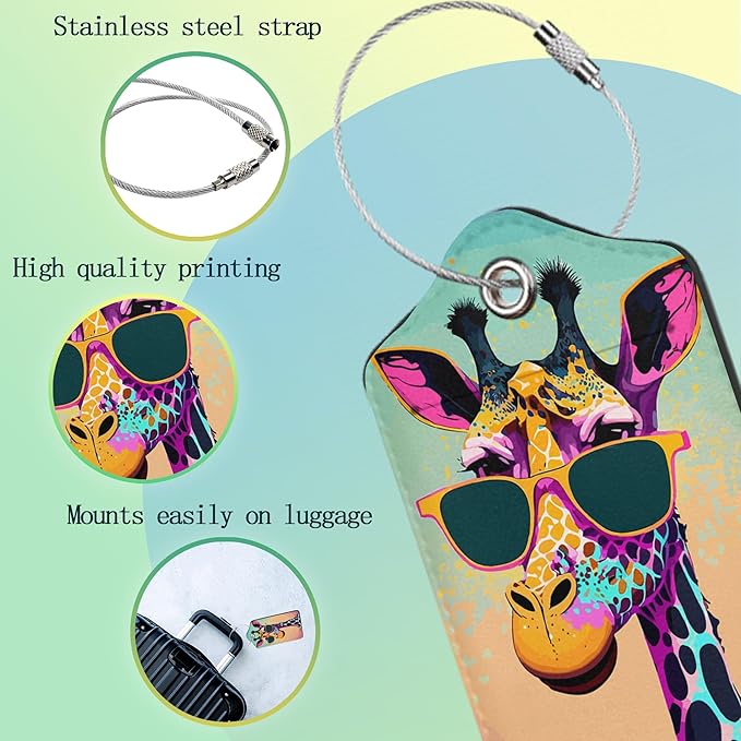 Luggage Tags for Suitcase,2 Pack Funny Giraffe Sunglasses Luggage Tag PU Leather Privacy Cover ID Label with Stainless Steel Loop for Women Men Teens Travel