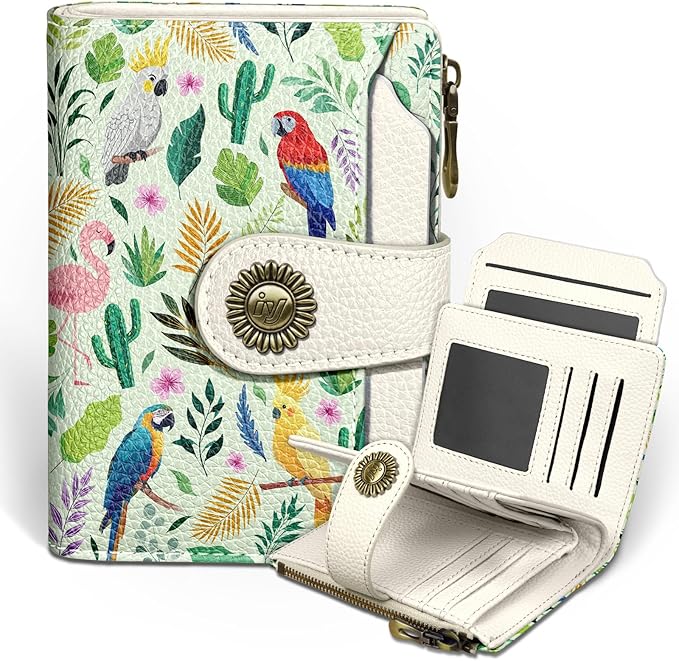 Icycay Flamingo Parrot Wallet Women Small RFID Blocking Bifold, Credit Card Holder, Zipper Coin Pocket, Cute, PU Leather, Compact, Travel, 14 Card Slots, Cash Purse, Ladies Woman Female Girls