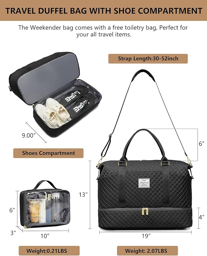 Women Overnight Weekender Bag - 40L Carry On Duffle for Airplanes with Shoe Compartment & Wet Pocket for Yoga Gym Waterproof Travel Tote with Toiletry Bag for Hospital Labor Delivery Black