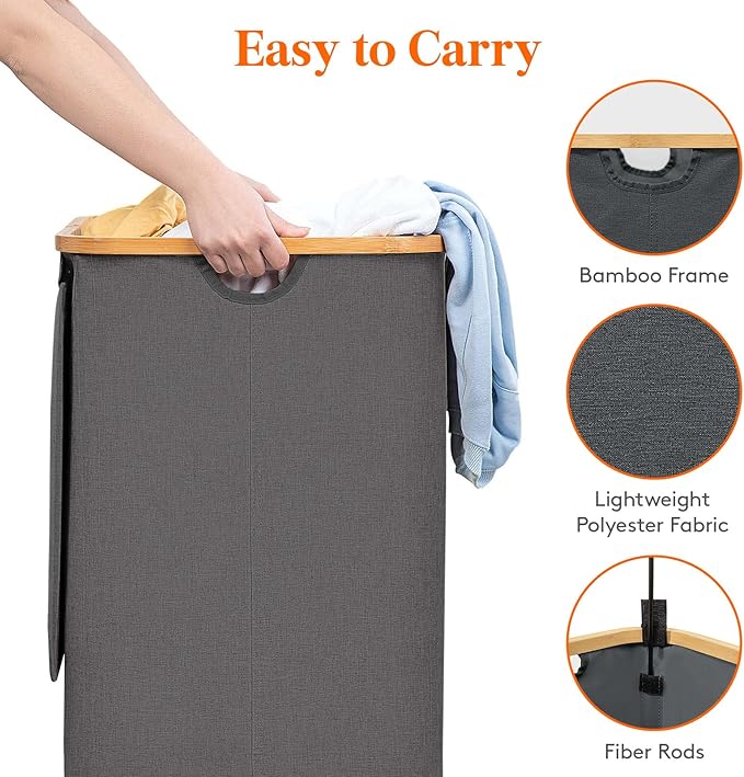 Lifewit 120L Laundry Basket with Lid, Clothes Hampers for Laundry with Bamboo Handles and 2 Removable Bag, Large Foldable Laundry Hamper for Bedroom, Bathroom, Dorm, Laundry Room, Dark Gray