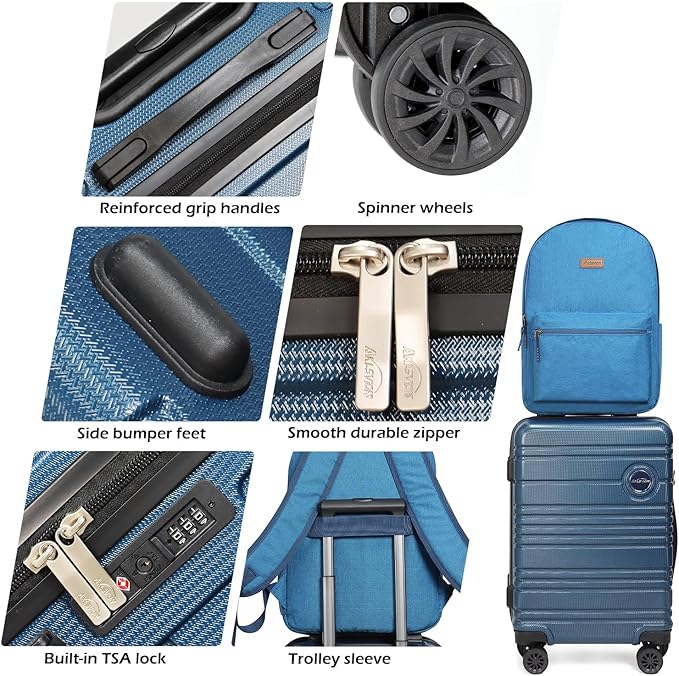 ABS+PC Carry on Luggage set with backpack 3 Pcs suitcace with Spinner wheels TSA Lock 20-In hardshell Lightweight Luggage set(Navy)