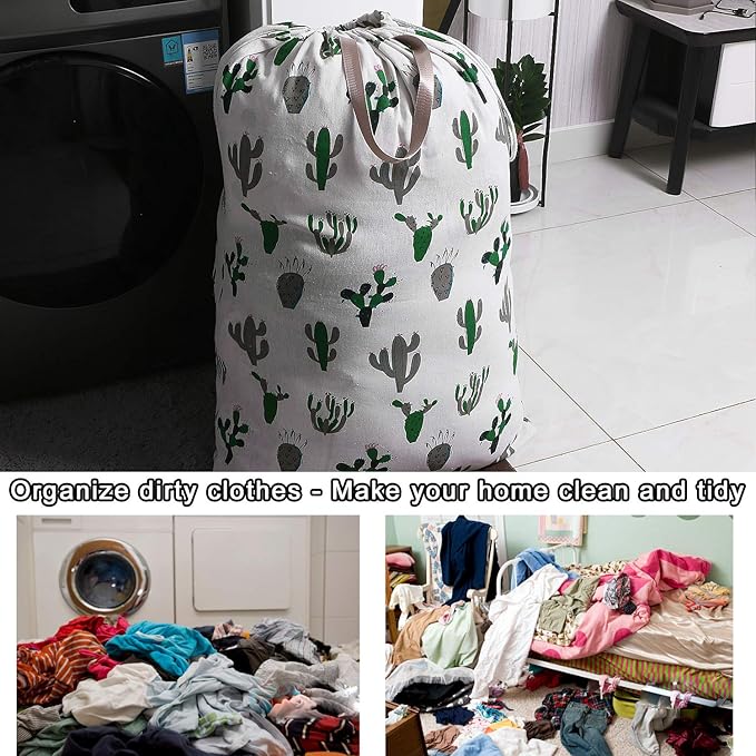 Extra Large Laundry Bag with Drawstring and Handle, Heavy Duty Travel Dirty Clothes Bag for Laundromat and Household, Durable Rip-Stop Laundry Hamper Liner, 28 x 40 Inch, Cactus