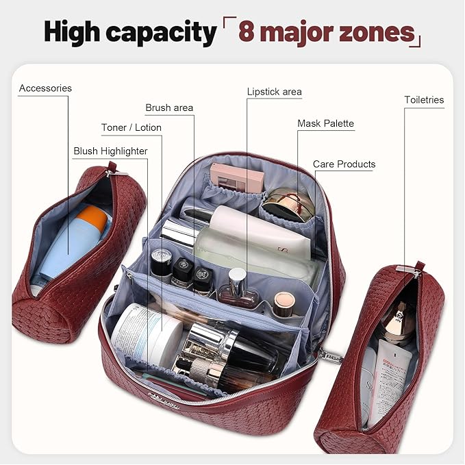 BOYATU Travel Makeup Bag Cosmetic Bags for Women: Large Capacity 3 Pcs Set Make up Bag with Compartments - Waterproof Vegan Leather Toiletry Organizer Bags with Handle (L52Burgundy)