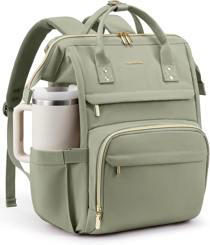 LOVEVOOK Laptop Backpack for Women with Giant Tumbler Holder Pocket,17 inch Waterproof Travel Backpack Purse Computer Laptop Bag,Professional Work College Nurse Teacher Backpack Travel Bag,Bean Green