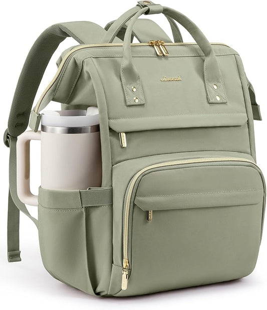 LOVEVOOK Laptop Backpack for Women with Giant Tumbler Holder Pocket,17 inch Waterproof Travel Backpack Purse Computer Laptop Bag,Professional Work College Nurse Teacher Backpack Travel Bag,Bean Green