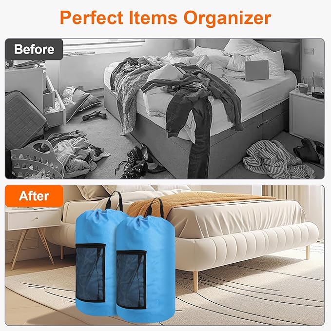 Laundry Bag Backpack Durable Laundry Bag with Shoulder Straps and Mesh Pockets Portable Laundry Dirty Clothes Hamper Bag for College Dorm (Blue)