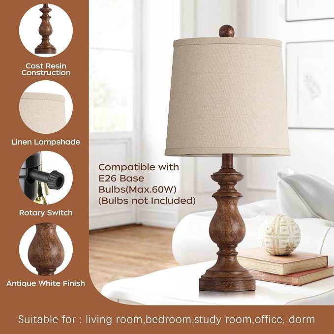 Traditional Table Lamp Set of 2, Rustic Farmhouse Table Lamps for Living Room Bedroom, 22" Bedside Desk Lamps Vintage Nightstand Lamps with Linen Shades, Wood Grain